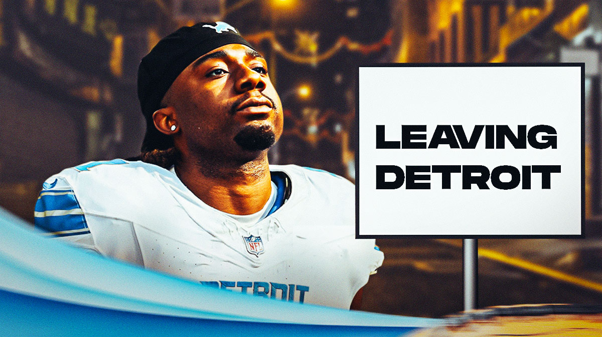James Houston in a Detroit Lions uniform on the street next to a sign that says: Leaving Detroit as Houston was released by the Lions.