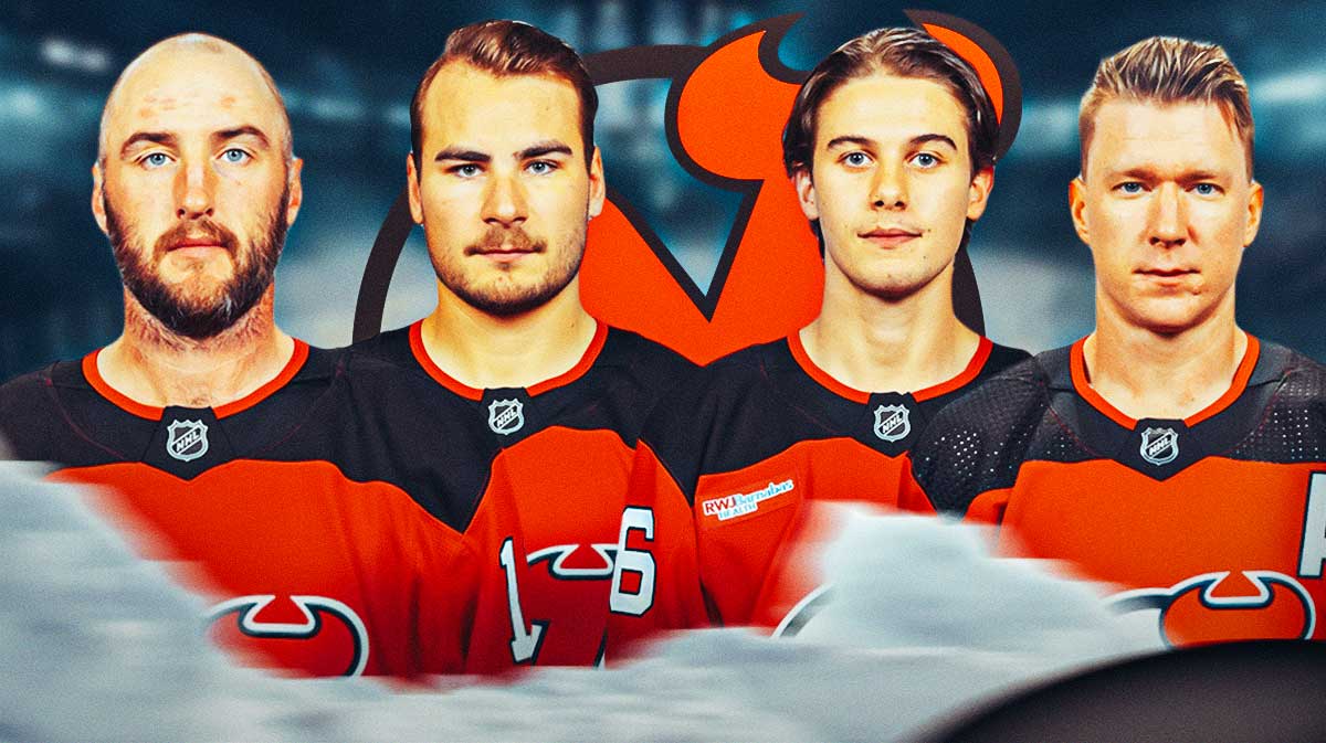 Stefan Noesen, Timo Meier, Jack Hughes and Ondrej Palat in image, New Jersey Devils logo, hockey rink in background