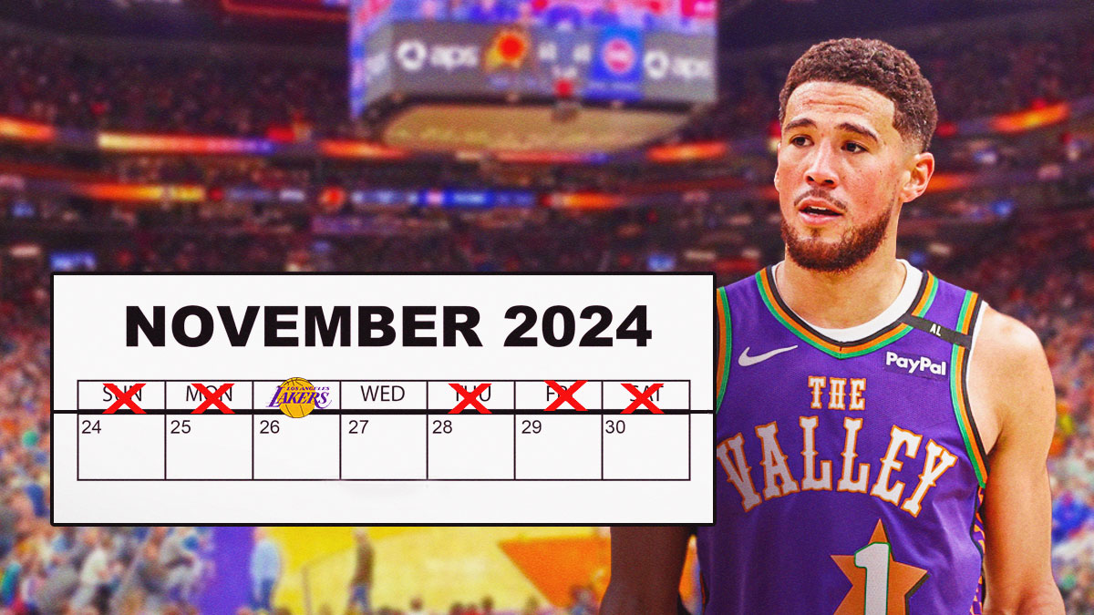 Phoenix Suns guard Devin Booker looking relieved with a calendar of November next to him. The calendar has Thursday, Friday, Saturday, Sunday, and Monday crossed out with a red X, and then on that Tuesday, there's a picture of the Lakers logo inside.