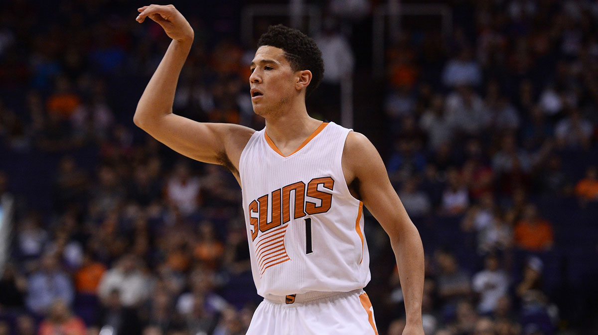 Phoenix Suns guard Devin Booker (1) reacts after taking a jump shot against the Los Angeles Clippers at Talking Stick Resort Arena. The Suns won 114-105. 