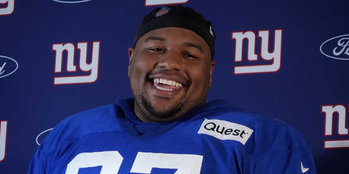 New York Giants defensive tackle Dexter Lawrence II (97) during press conference at the FC Bayern Munchen training grounds at Sabener Strasse.