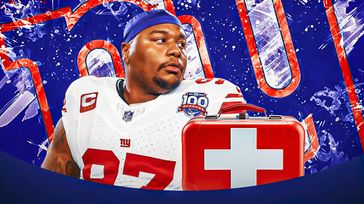 New York Giants defensive tackle Dexter Lawrence with an injury symbol. There is also a logo for the New York Giants.