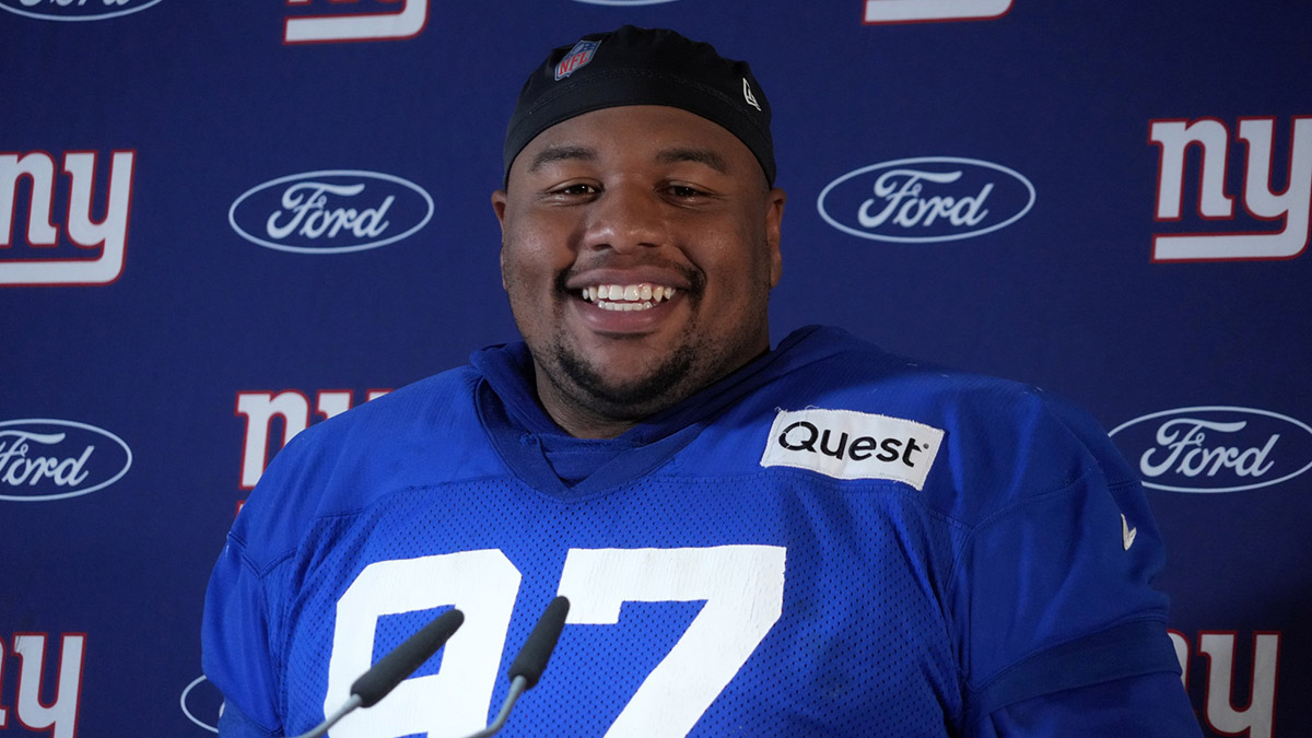 New York Giants defensive tackle Dexter Lawrence II (97) during press conference at the FC Bayern Munchen training grounds at Sabener Strasse.