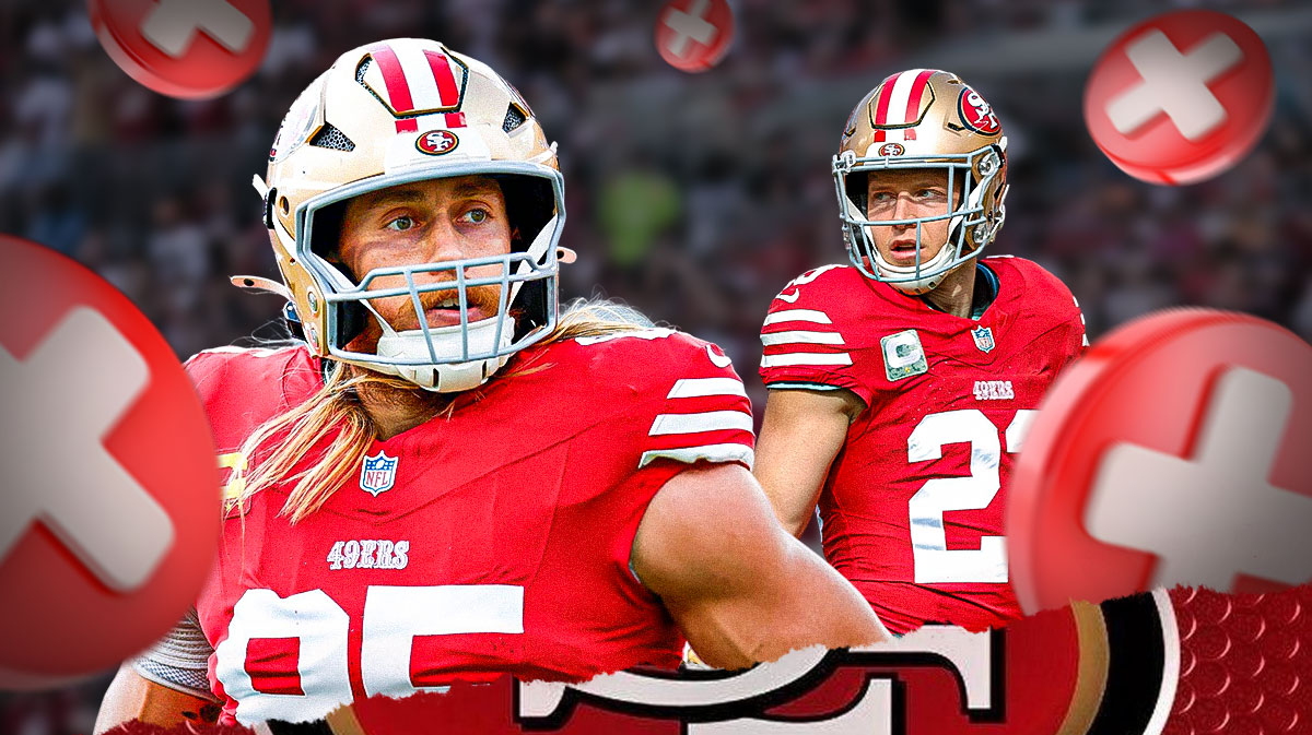 Christian McCaffrey and George Kittle in San Francisco 49ers uniforms with a red and white first aid symbol as both players practiced Thursday while the 49ers deal with injuries.