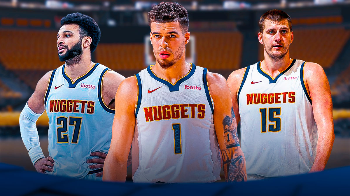Denver Nuggets star Michael Porter Jr. in the middle of Nikola Jokic and Jamal Murray in front of Ball Arena.