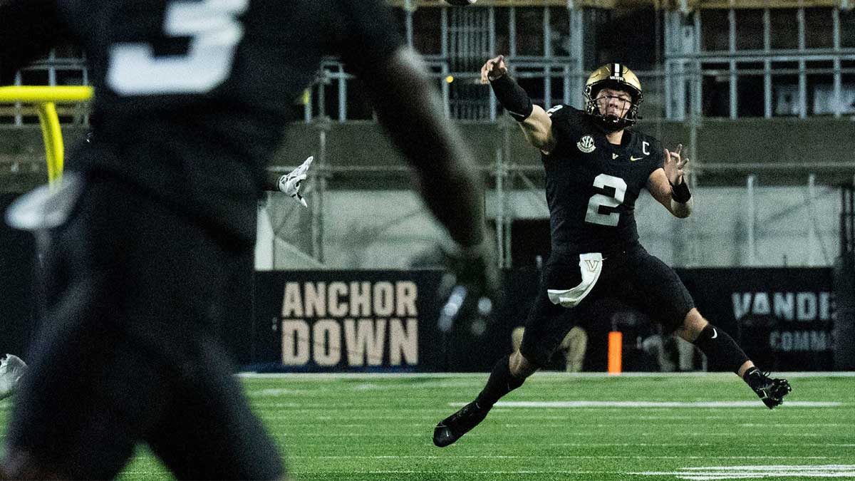 Vanderbilt Commodores quarterback Diego Pavia (2) throws to Vanderbilt Commodores wide receiver Quincy Skinner Jr. (3) during the third quarter at FirstBank Stadium in Nashville, Tenn., Saturday, Nov. 9, 2024.