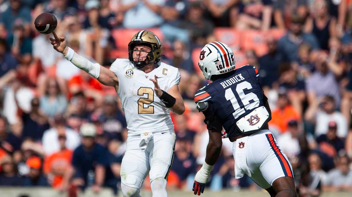 Vanderbilt Commodores quarterback Diego Pavia (2) throws the ball as the Auburn Tigers take on the Vanderbilt Commodores at Jordan-Hare Stadium in Auburn, Ala., Saturday, Nov. 2, 2024. The Vanderbilt Commodores defeated the Auburn Tigers 17-7 .