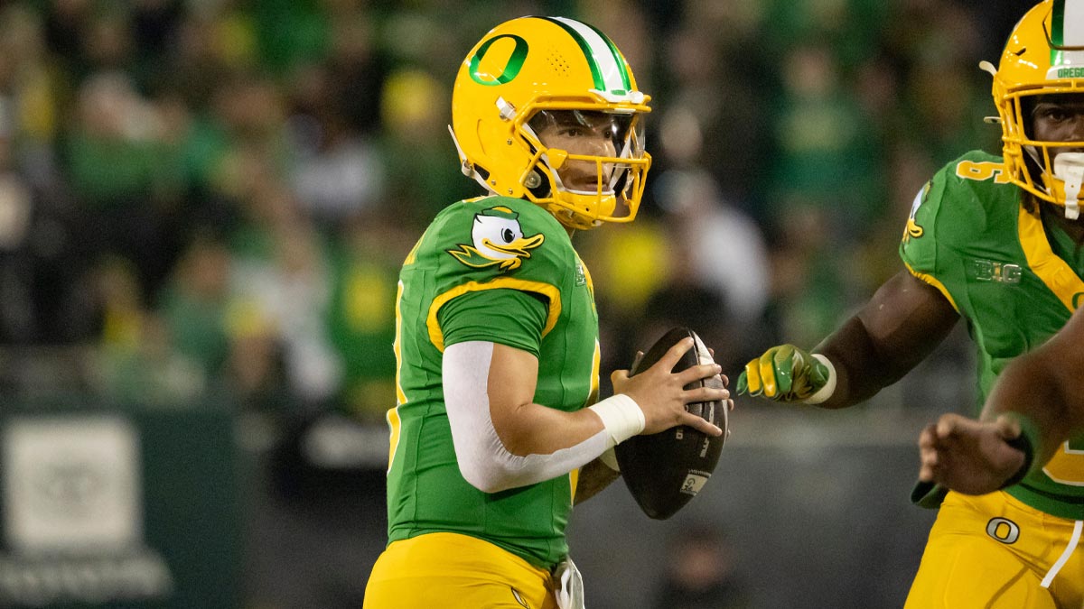 Oregon quarterback Dillon Gabriel looks to pass as the Oregon Ducks host the Maryland Terrapins at Autzen Stadium