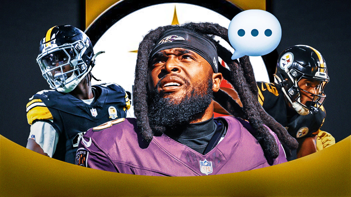 Baltimore Ravens WR Diontae Johnson with a speech bubble that has the three dots emoji inside. He is next to Pittsburgh Steelers WRs George Pickens and Calvin Austin III. There is also a logo for the Pittsburgh Steelers.