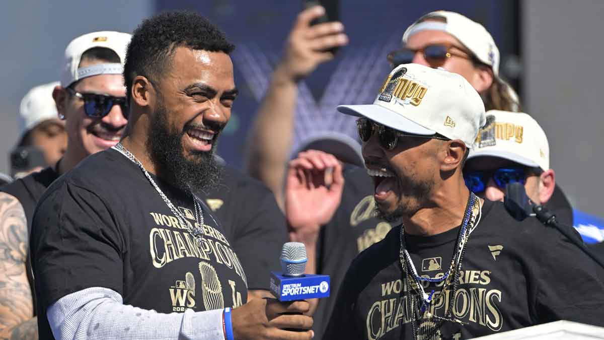 Los Angeles Dodgers left fielder Teoscar Hernandez (37) and right fielder Mookie Betts (50) during the World Series Championship Celebration at Dodger Stadium