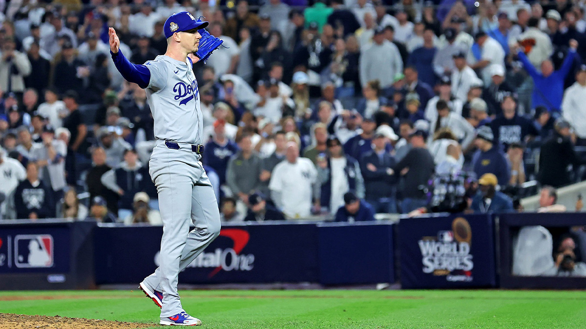 Los Angeles Dodgers pitcher Walker Buehler (21) celebrates after beating the New York Yankees in game four to win the 2024 MLB World Series at Yankee Stadium.