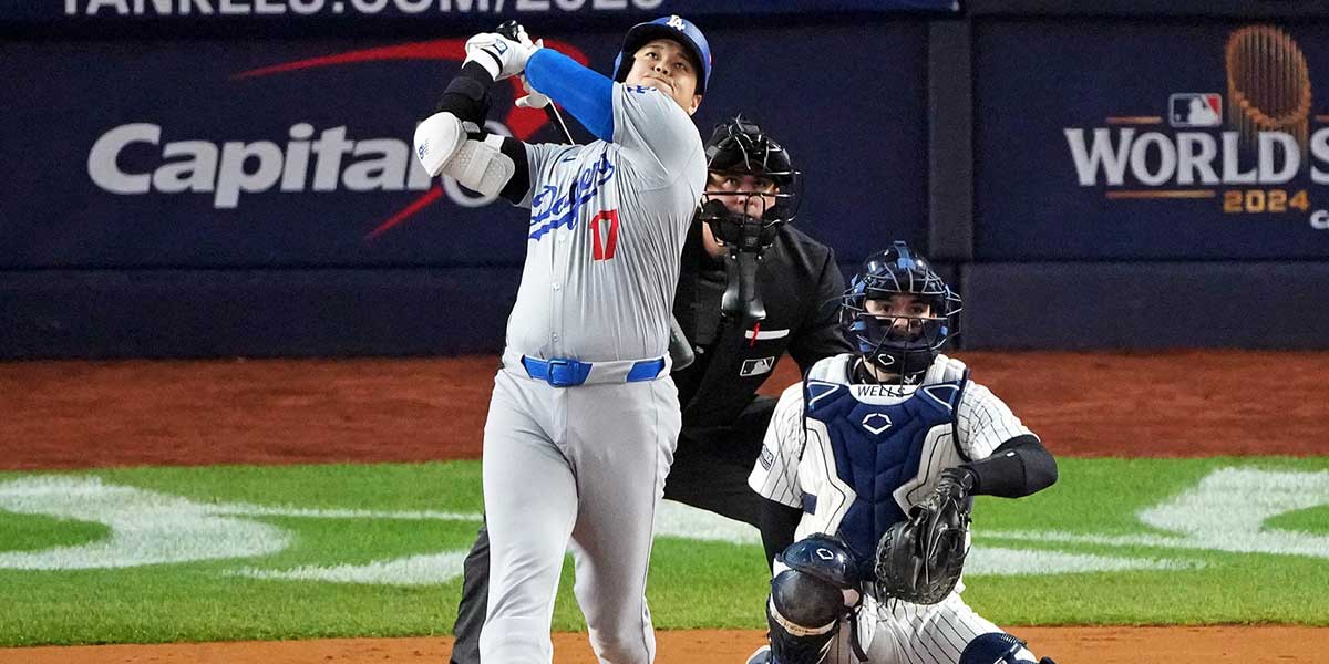 Los Angeles Dodgers two-way player Shohei Ohtani (17) flys out during the first inning against the New York Yankees in game four of the 2024 MLB World Series at Yankee Stadium. 