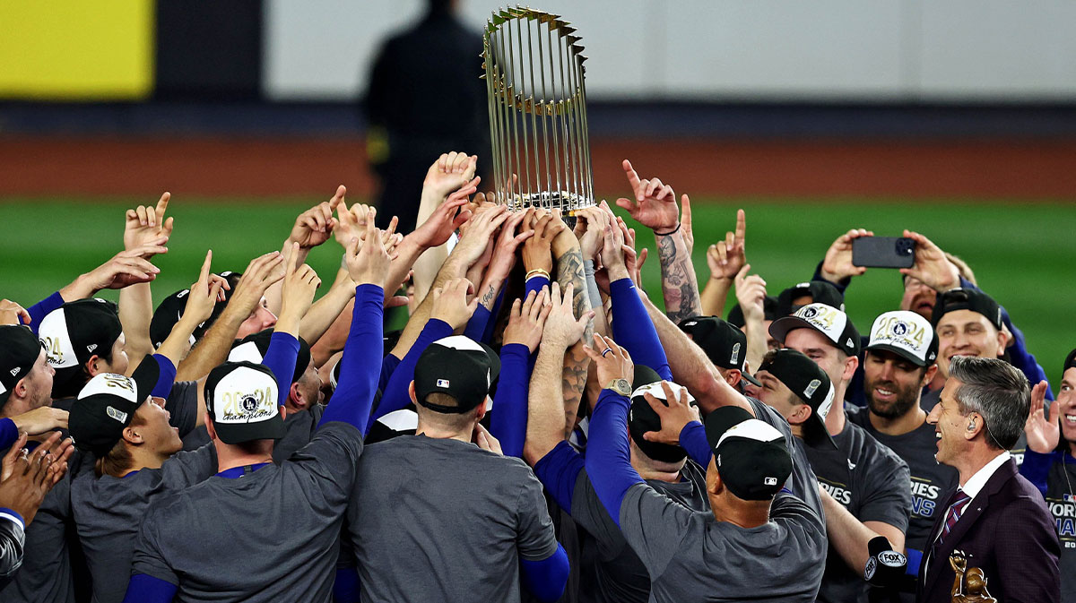 The Los Angeles Dodgers celebrates after beating the New York Yankees in game five to win the 2024 Imagn Images World Series at New York.