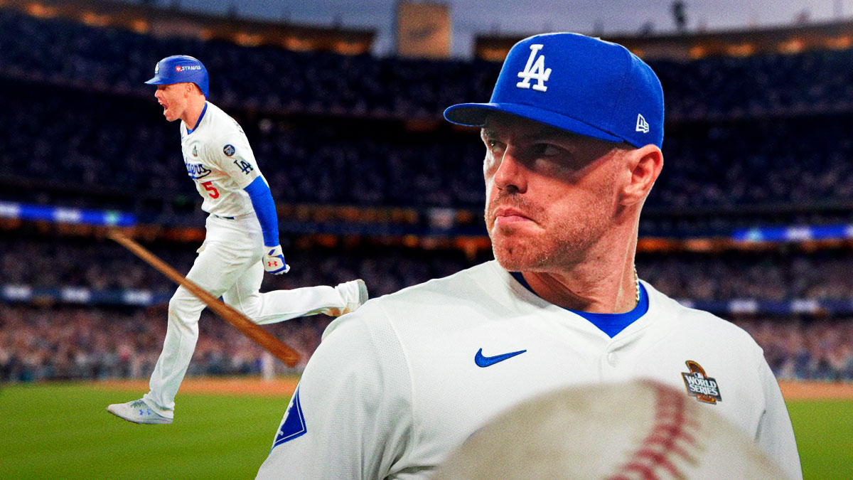 Dodgers Freddie Freeman in front looking serious. In background, Dodgers Freddie Freeman hitting a home run in Game 1 of the 2024 World Series.