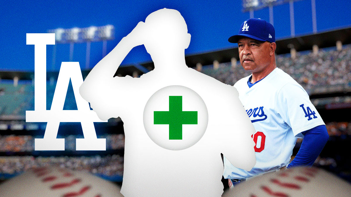 Dodgers' Dave Roberts and a Dodgers logo next to a blacked out silhouette baseball player with a big green plus sign on the chest