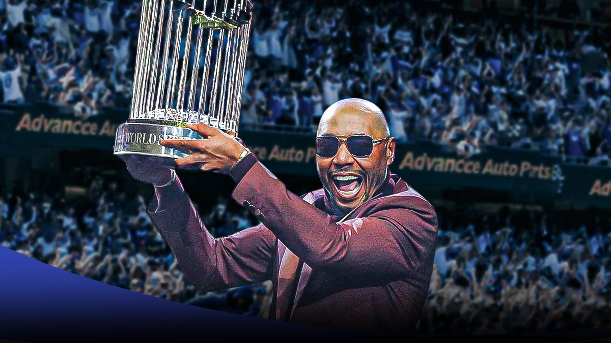 Mookie Betts smiling in Dodgers gear holding World Series trophy.