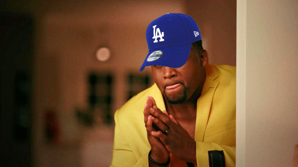 Spice Adams meme but he is wearing a Dodgers cap