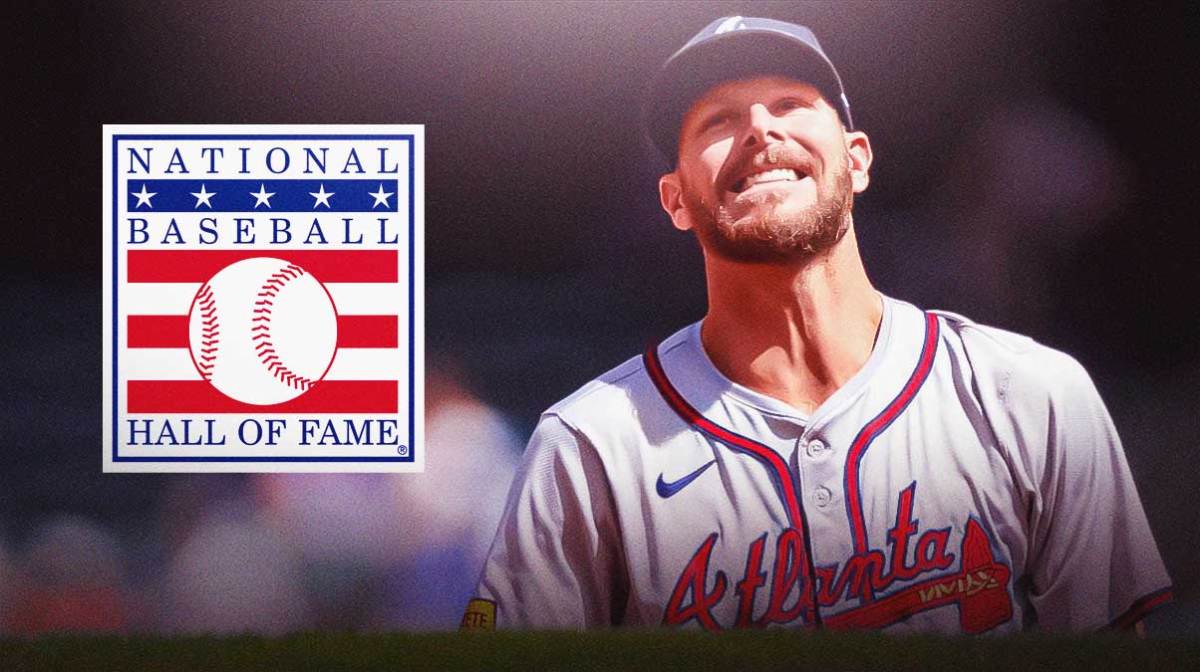 Image of Braves pitcher Chris Sale looking hyped next to image of Baseball Hall of Fame logo.