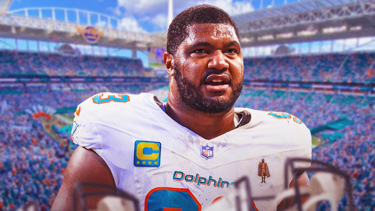 Calais Campbell in a Miami Dolphins uniform as the Dolphins could trade Campbell if they lose in Week 9.