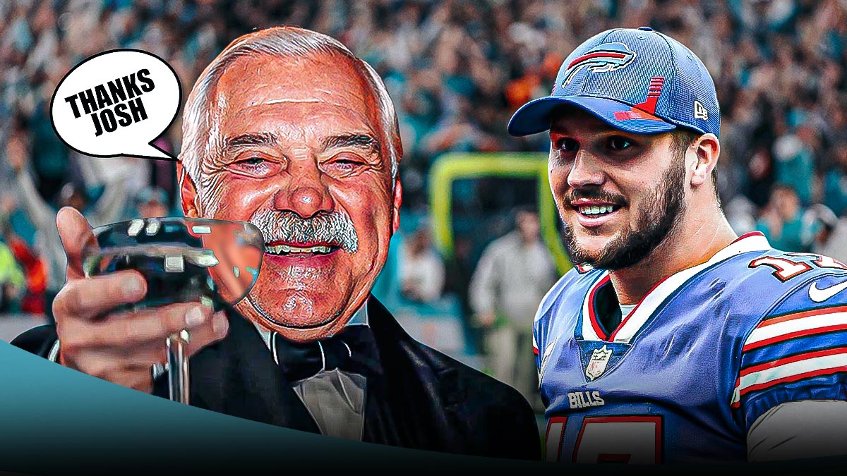 Miami Dolphins legend Larry Csonka clinks glasses of champagne with Buffalo Bills QB Josh Allen in front of Hard Rock Stadium (Miami Dolphins stadium). Csonka also has a speech bubble above his head that says "Thanks Josh".