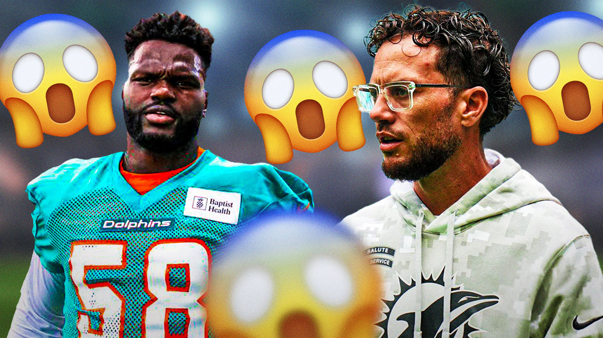 Mike McDaniel on one side, Shaq Barrett on the other side (in a Miami Dolphins jersey if he isn't already) on the other side, a bunch of shocked emojis in the background