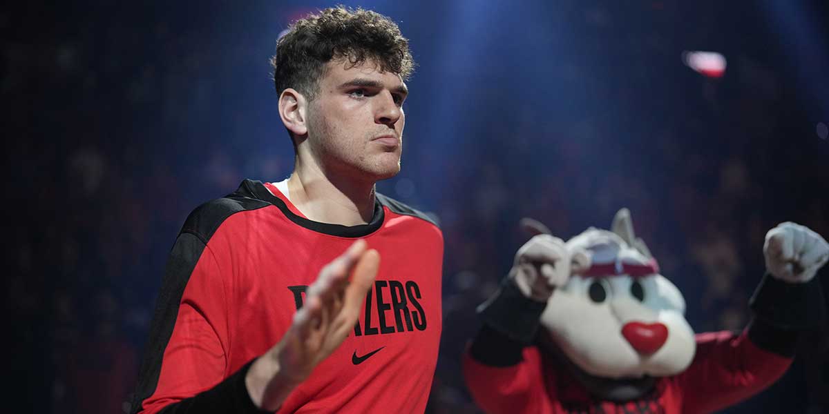 Portland Trail Blazers center Donovan Clingan (23) is introduced before the game against the Minnesota Timberwolves at Moda Center