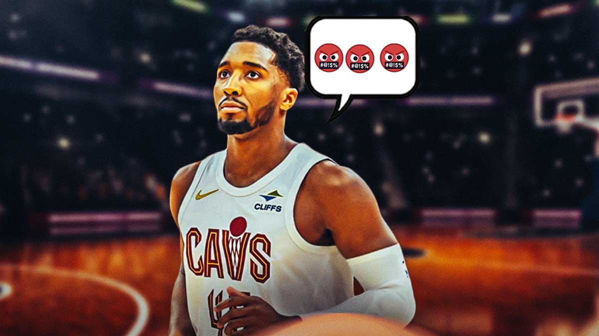 Cavaliers' Donovan Mitchell with a talk bubble 🤬🤬🤬 angry emojis in it