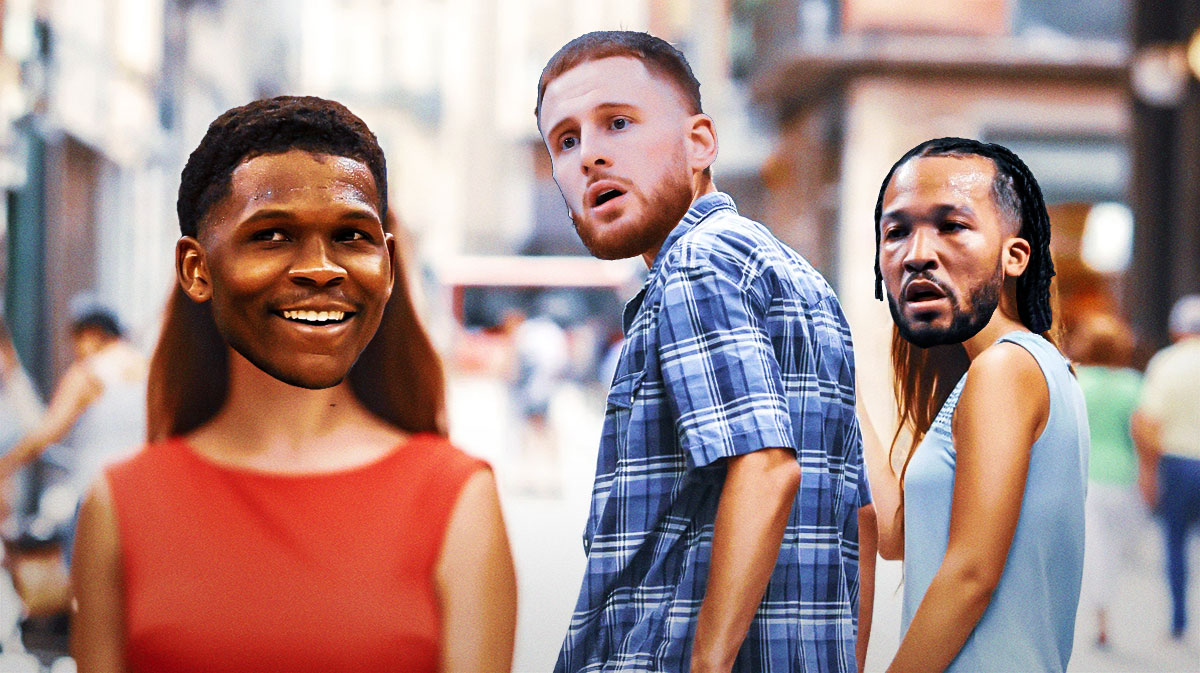 Timberwolves guard Anthony Edwards smiling as the woman in the pink shirt, Timberwolves guard Donte DiVincenzo as the man looking back in a blue shirt, and Knicks guard Jalen Brunson looking upset as the woman in the blue shirt on the far right