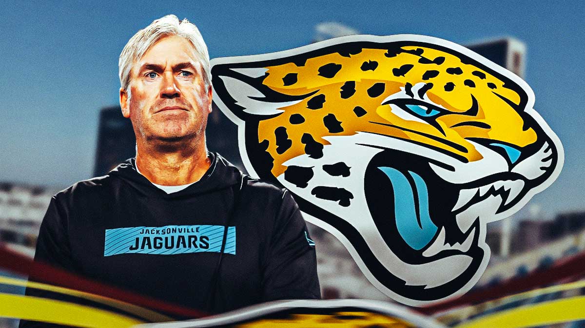 Doug Pederson looking concerned next to a Jaguars logo