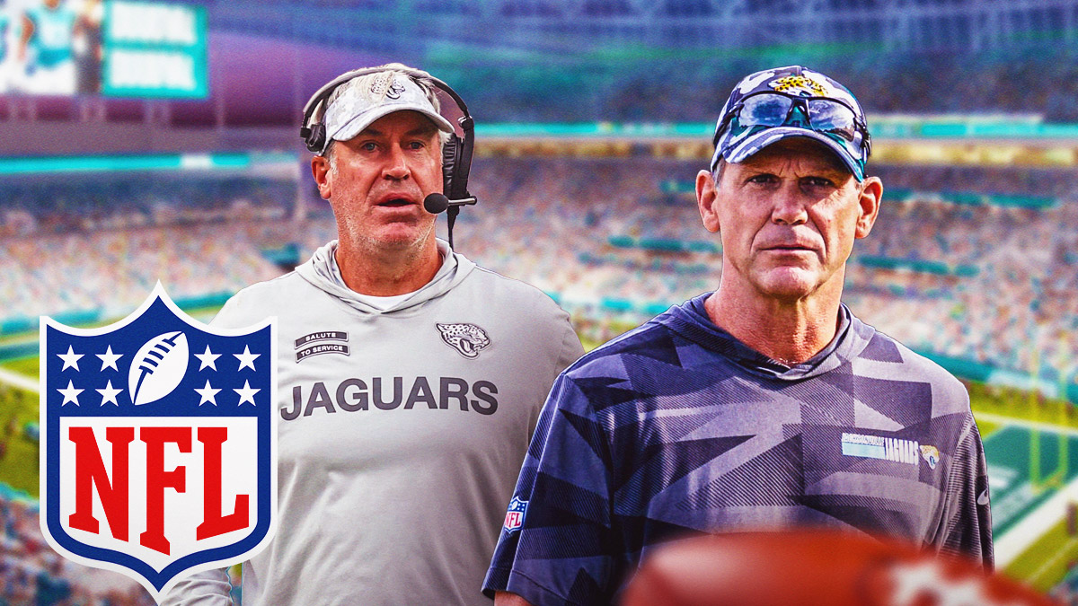 Jaguars' Doug Pederson and Trent Baalke next to NFL logo