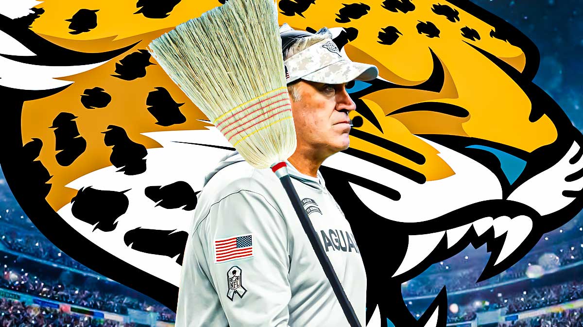 Jacksonville Jaguars head coach Doug Pederson with a broom in his hands, sweeping dust, and the Jaguars logo is next to him
