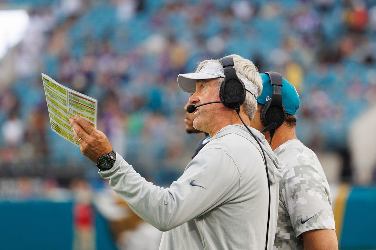Jacksonville Jaguars head coach Doug Pederson watches a replay against the Minnesota Vikings during the third quarter at EverBank Stadium.
