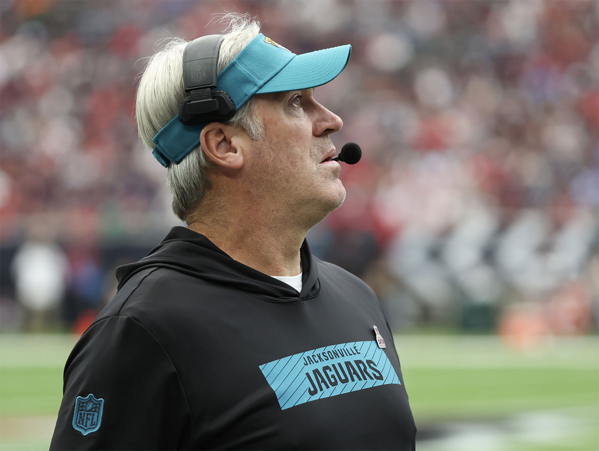 Jacksonville Jaguars head coach Doug Pederson watches a replay as the Jaguars play against the Houston Texans in the first quarter at NRG Stadium.