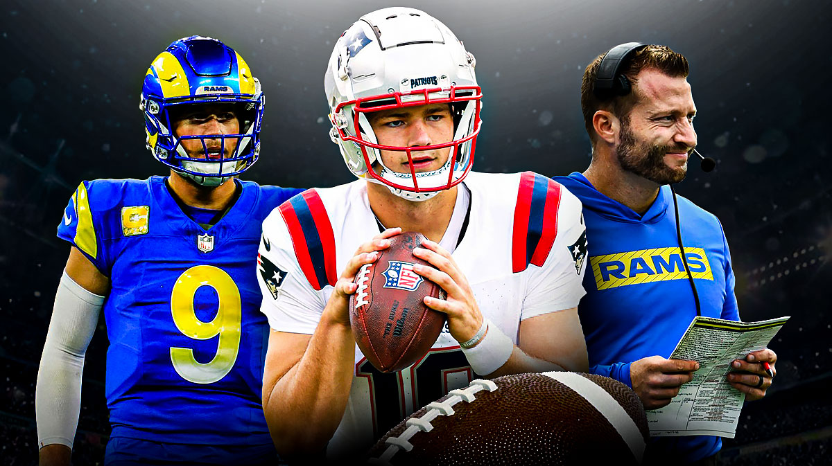 Patriots Drake Maye in between Rams Matthew Stafford, Sean McVay