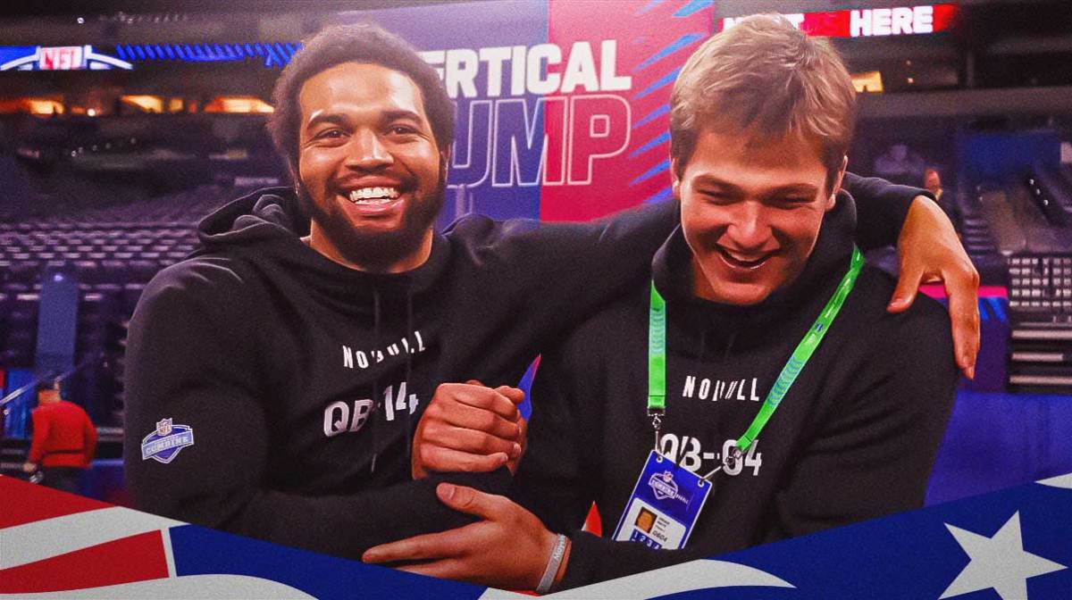 Drake Maye next to Caleb Williams with the Patriots stadium as the background