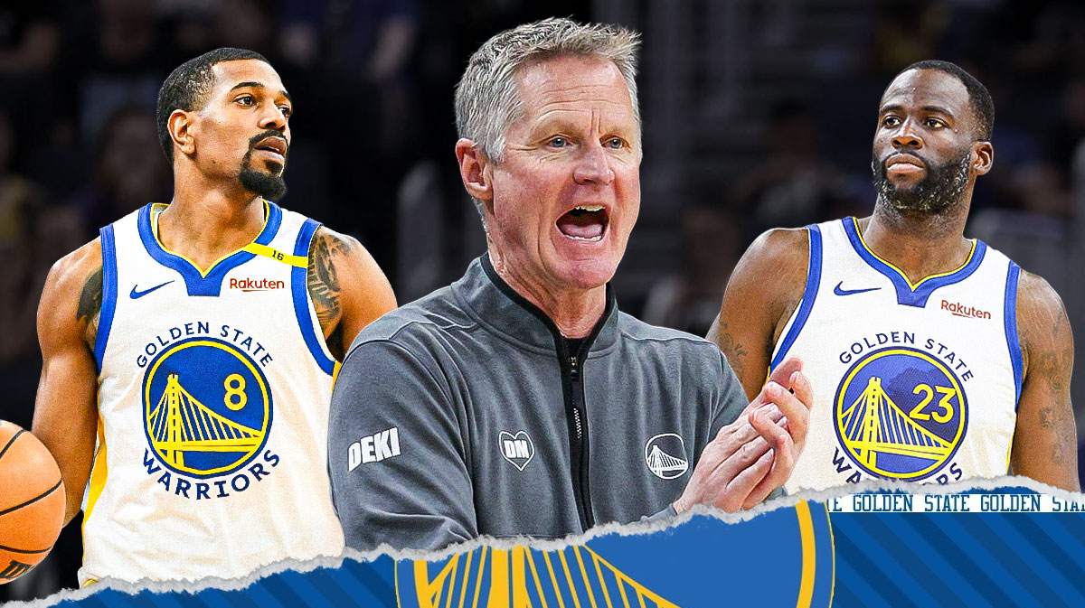 Warriors forward Draymond Green, Warriors guard De'Anthony Melton next to Warriors head coach Steve Kerr with the Warriors' logo in the background