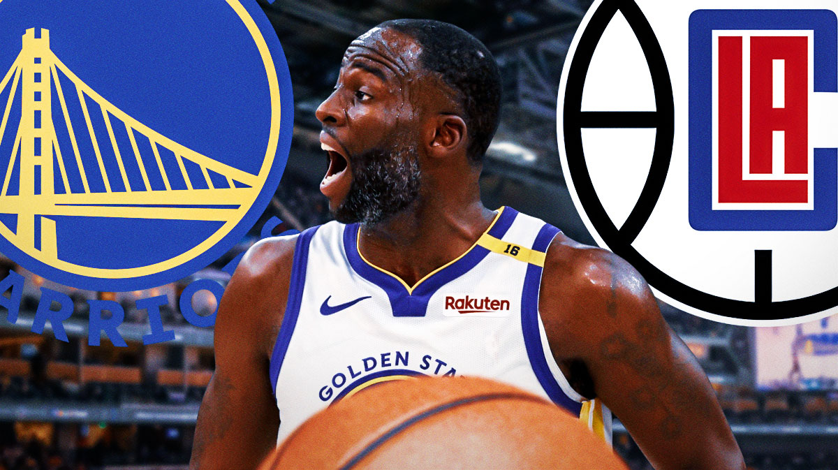 Warriors Draymond Green looking upset or angry with the Golden State Warriors and Los Angeles Clippers 2024 logos in background.