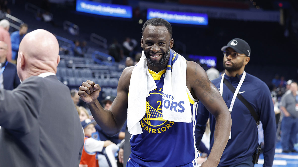 Gold State Warriors forward Draimond Green (23) gestures after his team won Oklahoma City Thunder in Paicom Center.