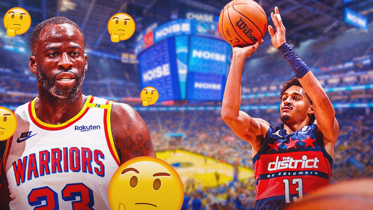 Warriors' Draymond Green with thinking emojis all over him while looking at a shooting Jordan Poole