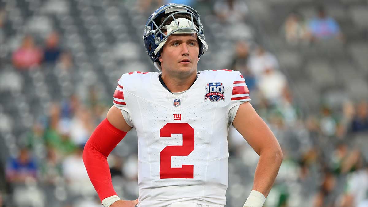 Aug 24, 2024; East Rutherford, New Jersey, USA; New York Giants quarterback Drew Lock (2) looks on prior to the game against the New York Jets at MetLife Stadium.