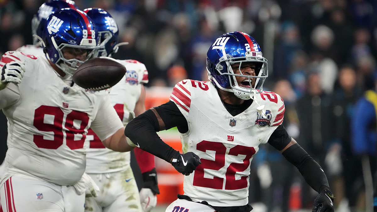 New York Giants cornerback Dru Phillips (22) reacts against the Carolina Panthers in the second half during the 2024 NFL Munich Game at Allianz Arena.