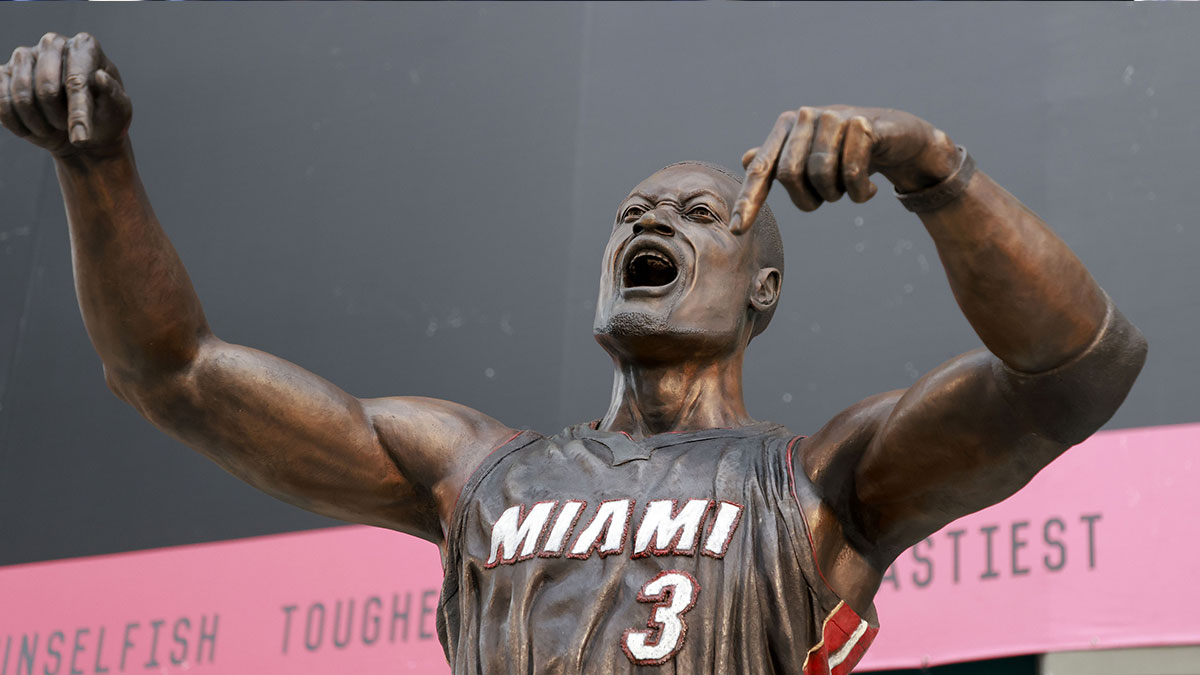 A general view of the new Dwyane Wade statue in front of the Kaseya Center.