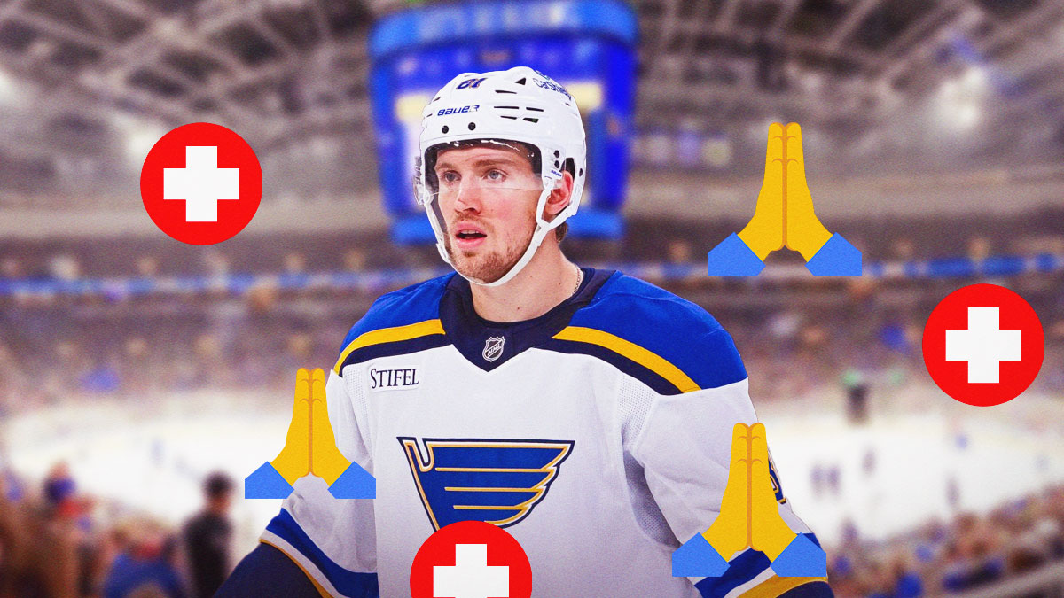 Blues forward Dylan Holloway in Enterprise Center with prayer emojis