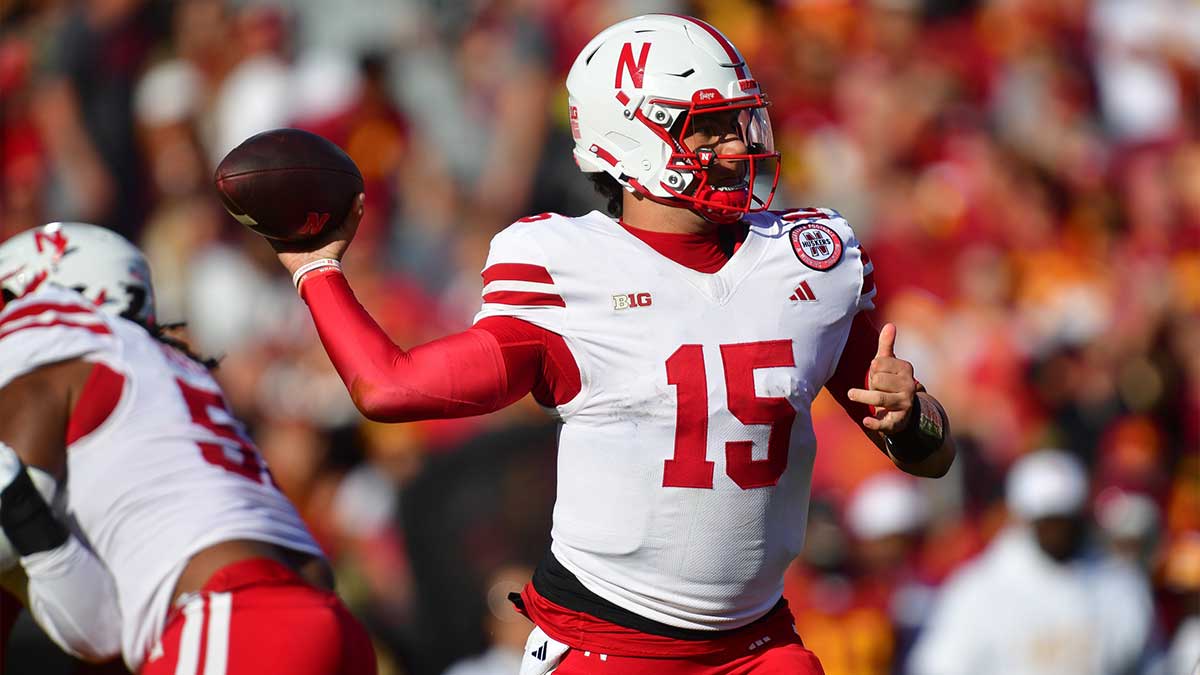 Nebraska Cornhuskers quarterback Dylan Raiola (15) throws against the Southern California Trojans during the first half at the Los Angeles Memorial Coliseum.