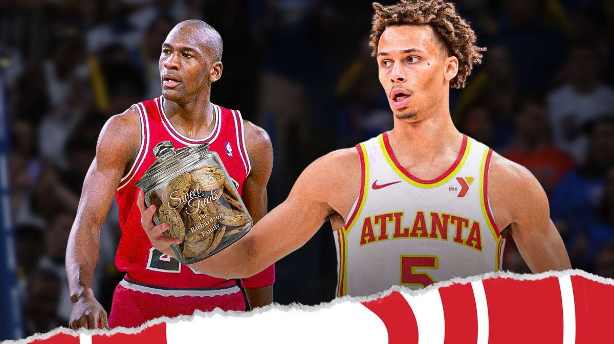 Hawks' Dyson Daniels holding a jar of cookies, with Bulls' Michael Jordan (1985 version)