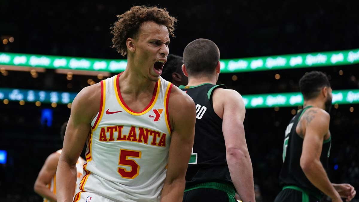 Atlanta Hawks guard Dyson Daniels (5) reacts after defeating the Boston Celtics at TD Garden. 