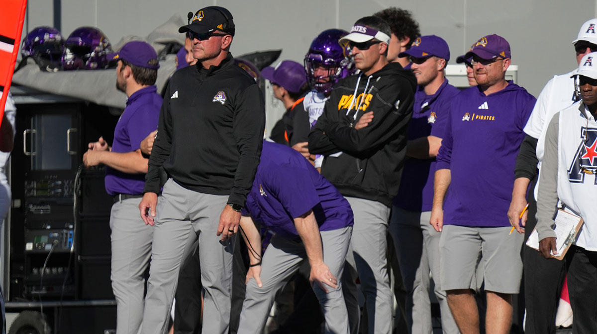 East Carolina Pirates head coach Mike Houston looks on during the second half against the Army Black Knights at Michie Stadium.