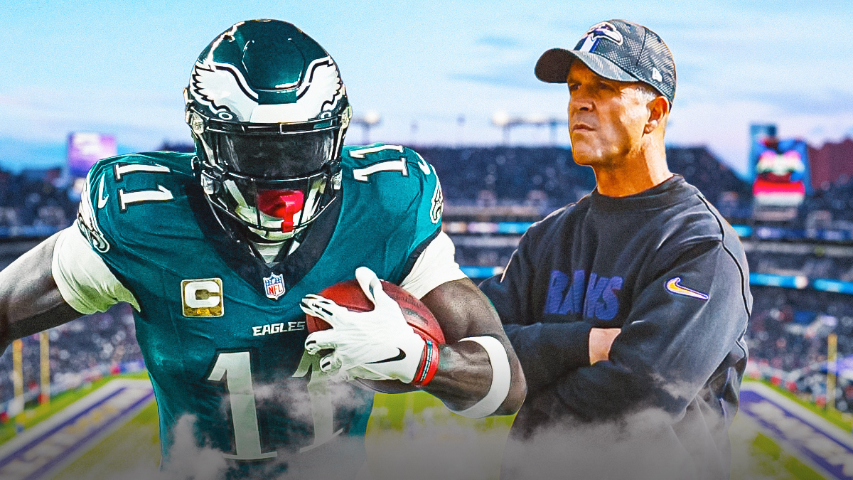 AJ Brown opposite John Harbaugh in front of the Ravens' stadium