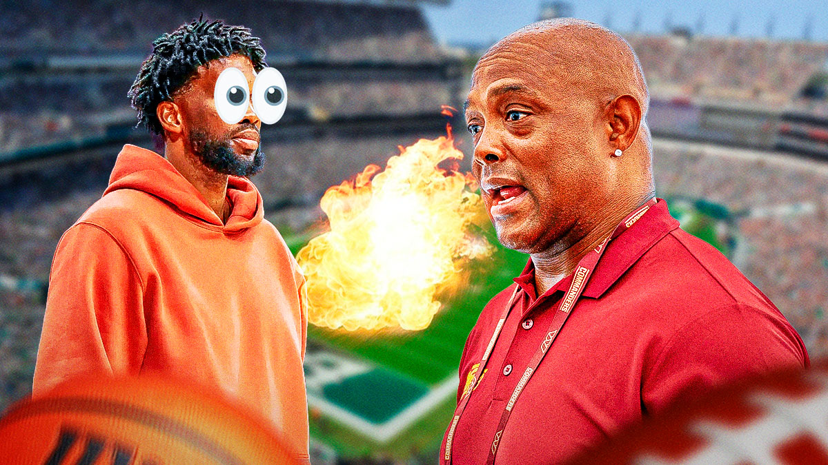 Brian Mitchell on one side breathing fire, Joel Embiid on the other side with the big eyes emoji over his face