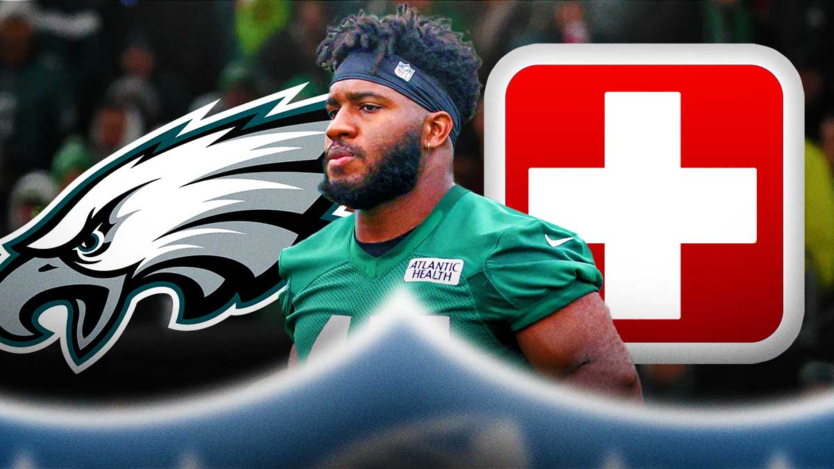 Eagles DE Bryce Huff next to Eagles logo with the health symbol in the background
